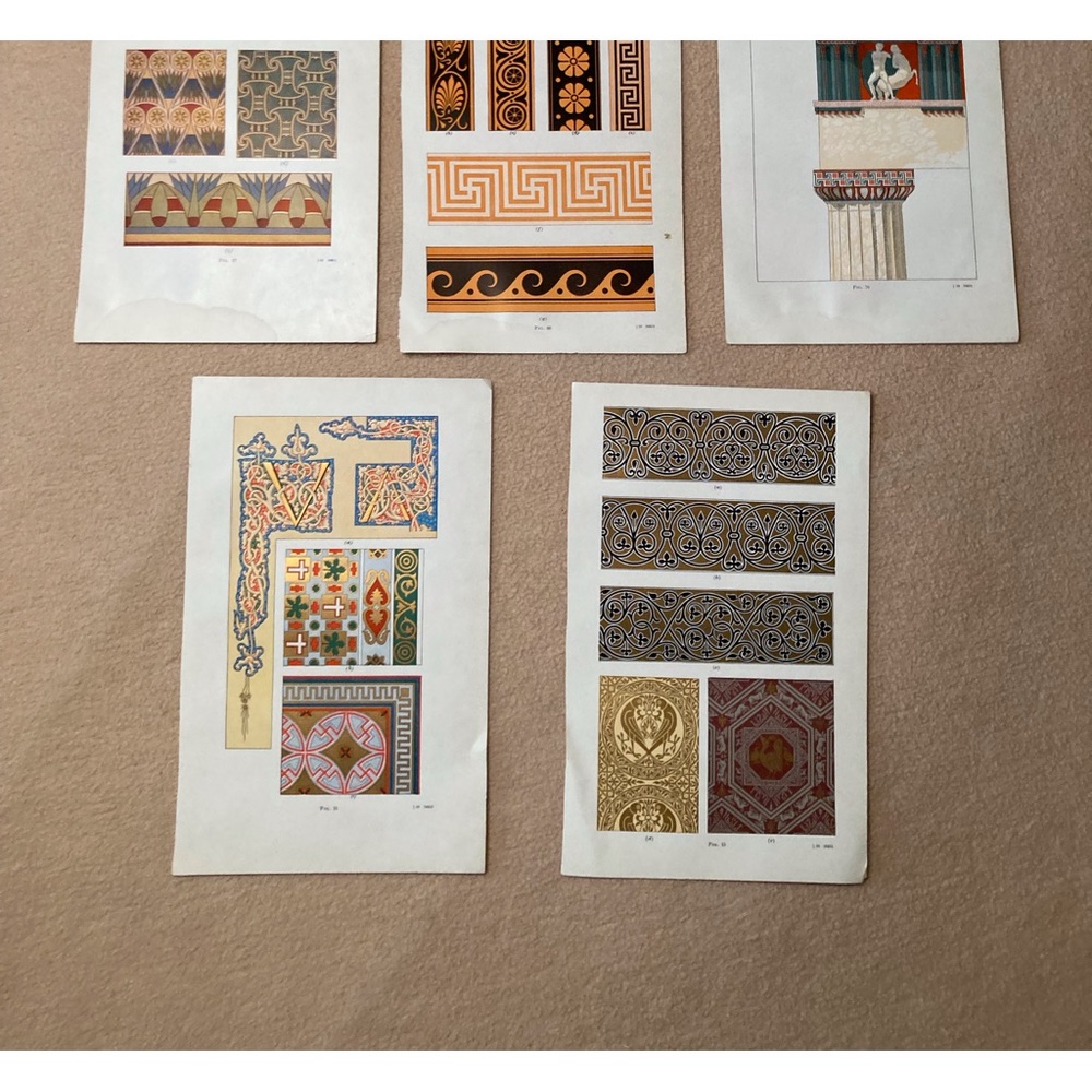 Five prints from original etchings, color illustrations of architectural details